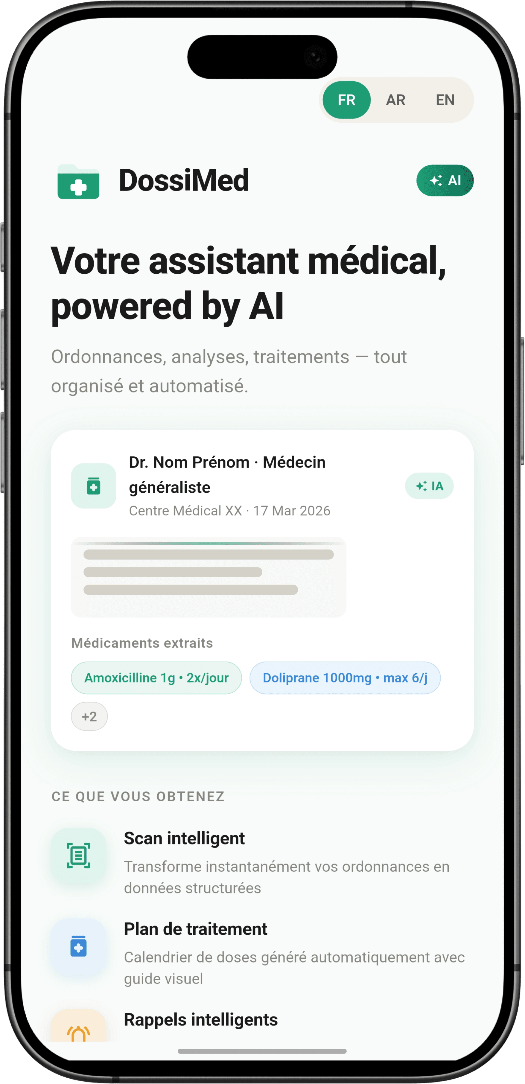 Écran principal de l'app avec résumé IA, médicaments extraits et plan de traitement