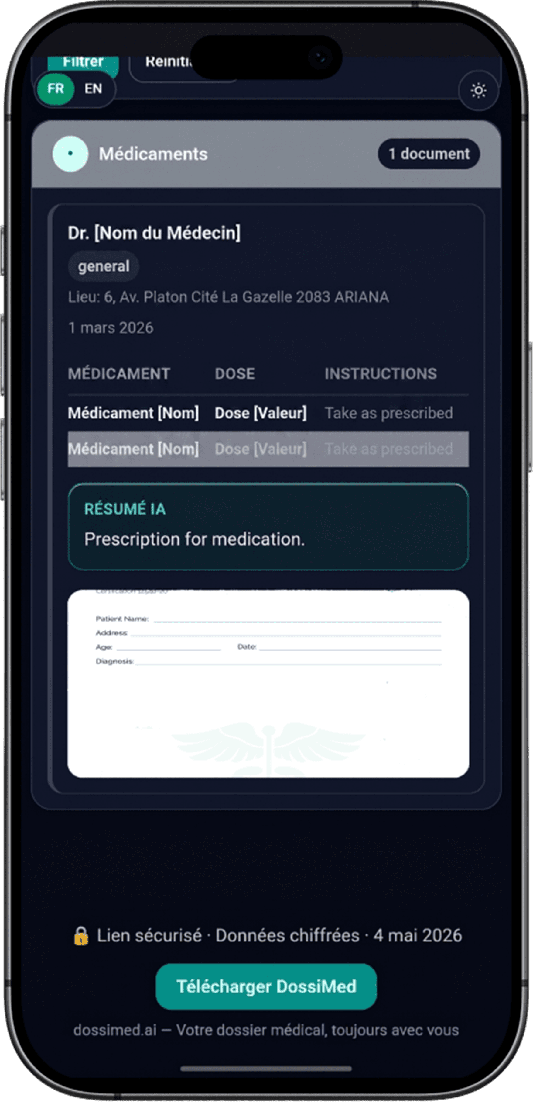 Features: Doctor - Vue organisée par onglets (ordonnances/analyses/radios)