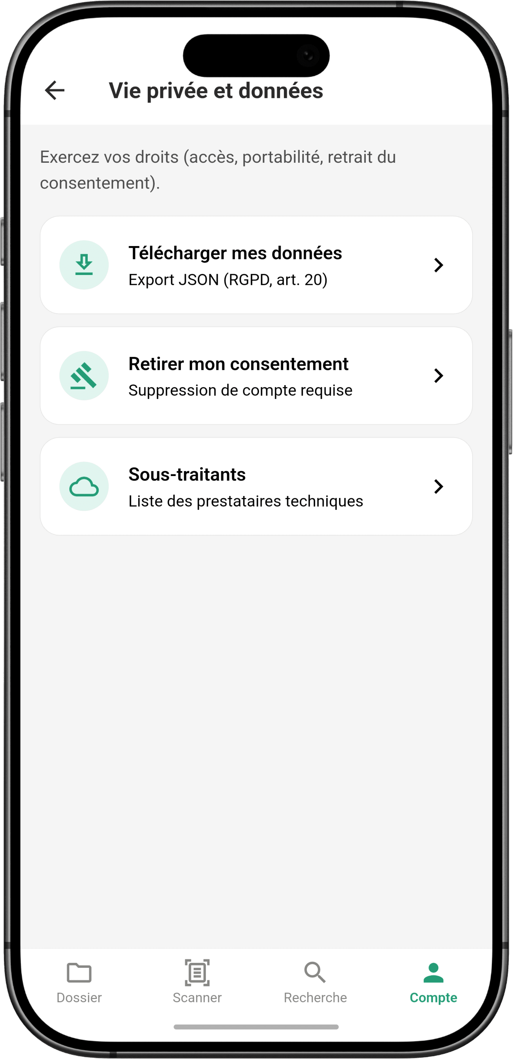 Features: Sécurité - Écran de paramètres de confidentialité
