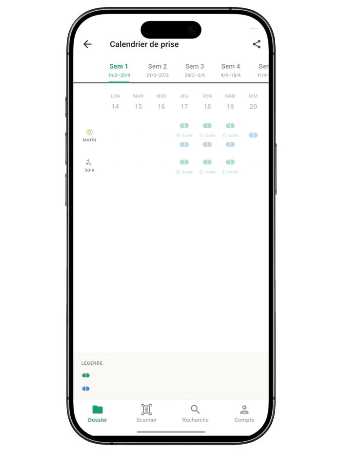 Features: Calendrier - Vue hebdomadaire avec icônes de dosage
