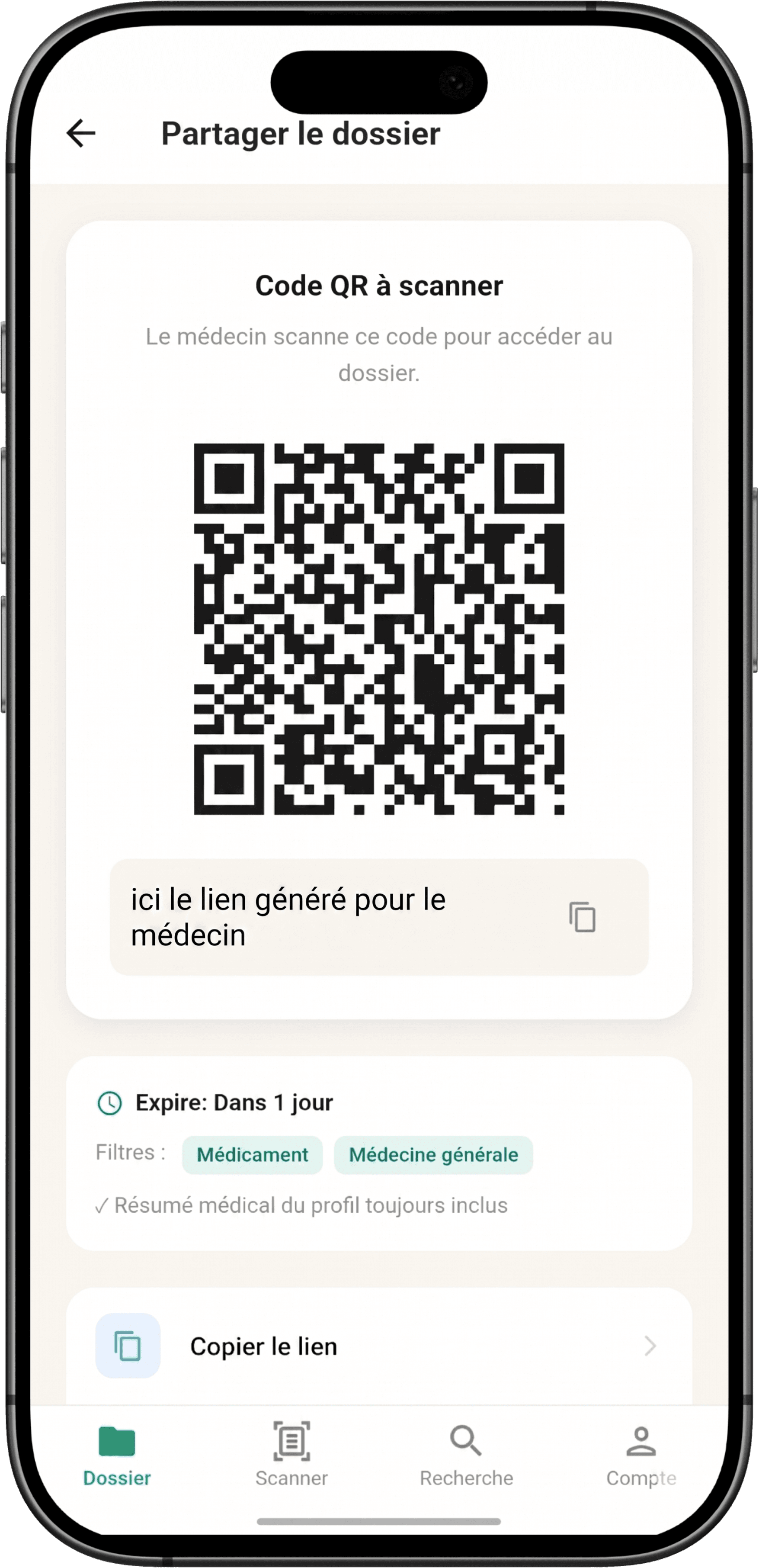 Patient — QR code généré pour partager le dossier