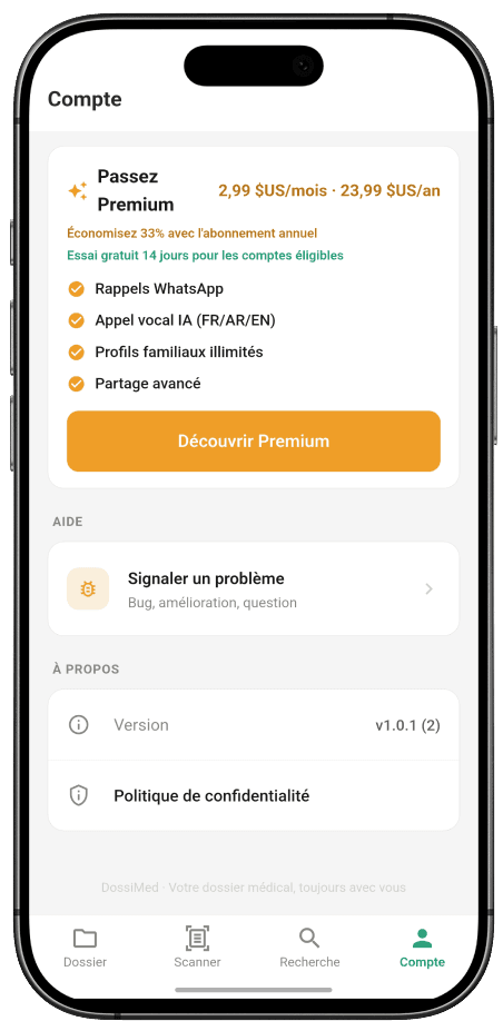 Écran Compte avec teaser Découvrir Premium et paramètres de langue