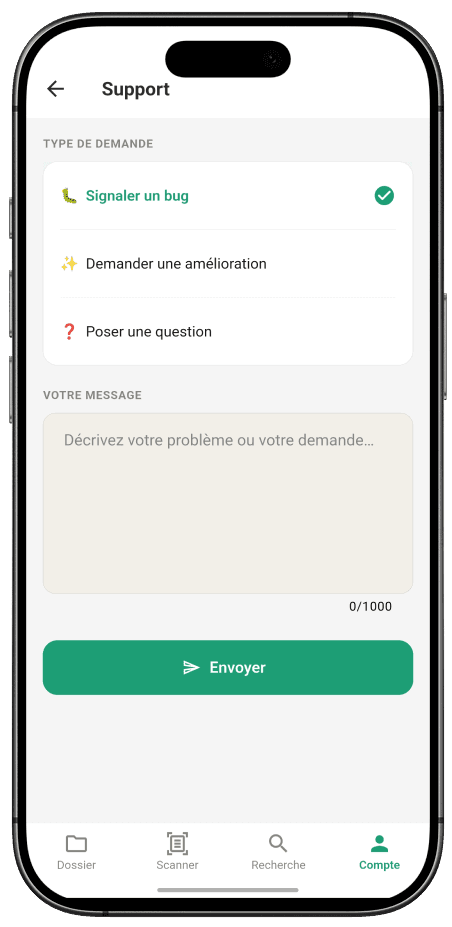 Formulaire de support intégré : signaler un bug, demander une amélioration ou poser une question